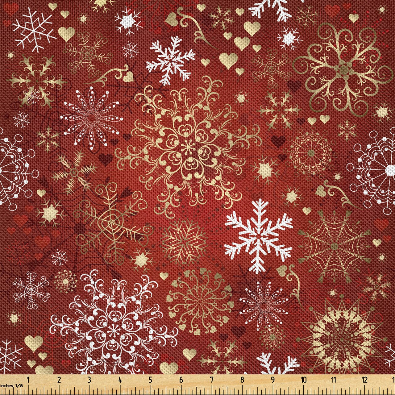 Ambesonne Christmas Fabric by The Yard, Ornate Snowflakes with Floral Swirls and Vivid Hearts Pattern, Decorative Satin Fabric for Home Textiles and Crafts, 1 Yards, Red Yellow and White
